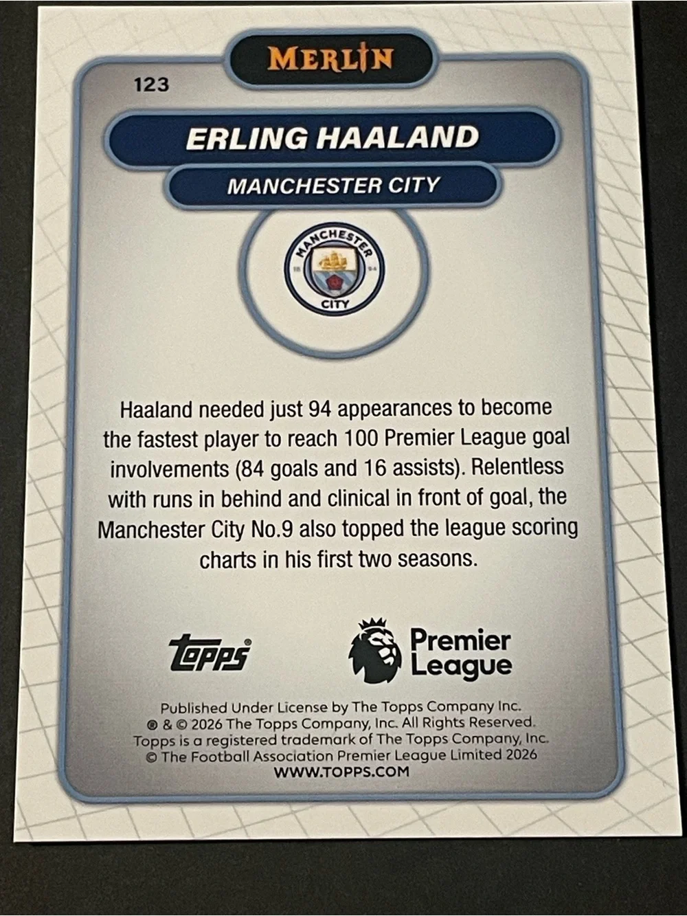 2026 Merlin Premier League Erling Haaland Manchester City #123 Base Card